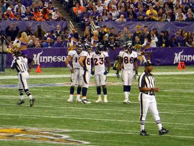 Tim Tebow, Eric Decker, Willis McGahee, and DEMARYIUS THOMAS on Mall of America Field at the Metrodome