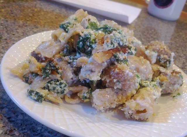 Quattro Formaggi Mac and Cheese with Spinach, Ricotta and Mini Sausage Meatballs