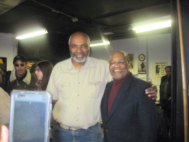 Abayomi Azikiwe, editor of the Pan-African News Wire along with John W. Hardy, veteran Freedom Rider and SNCC organizer at the MECAWi/Moratorium NOW! African American History Month program on Feb. 6, 2012.
