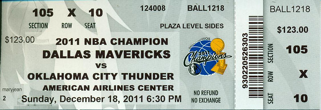 December 18, 2011, Dallas Mavericks vs OKLAHOMA CITY THUNDER, Pre-Season, American Airlines Center, Dallas Mavericks - Ticket Stub