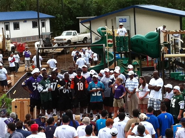 NFL stars Ray Lewis, Darrelle Revis, MIKE WALLACE, A.J. Green, Maurice Jones-Drew, and Eric Weddle at a KaBOOM! build in Kaneohe, HI