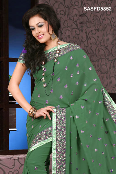 Deep Green Embroidered Georgette Saree