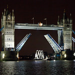 Olympic rings arrive under Tower Bridge 4am lift at night