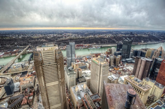View of downtown Pittsburgh and the BNY Mellon Building from the top of the Steel Building HDR