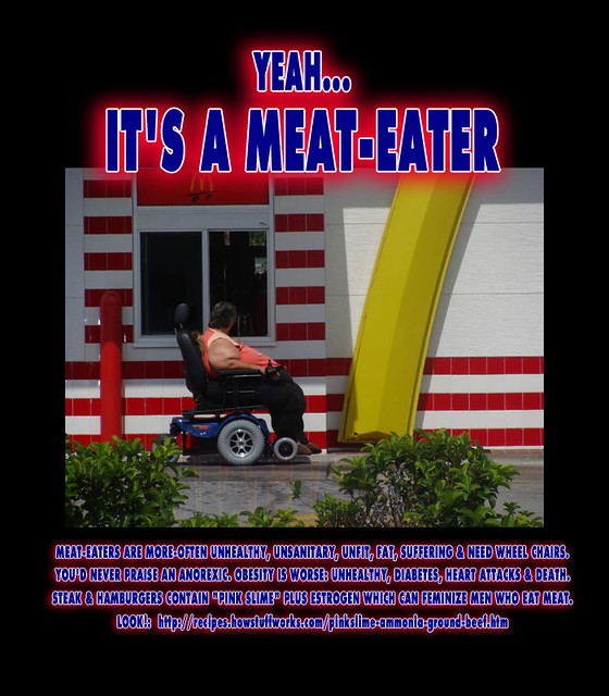 Its a Meat-Eater - Obese Woman feeding on Meat-based Diet needs Wheelchair for McDonalds DriveThrough to get Meal of PINK SLIME Chicken Nuggets & Ammonia sprayed beef known to contain Breast Cancer Carcinogens & Estrogen growth hormones