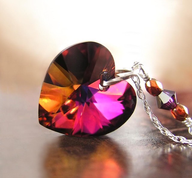 Amber Purple Heart Necklace Sterling Silver RARE Swarovski Crystal Heart Plum Ruby Crystal Heart Pendant Necklace