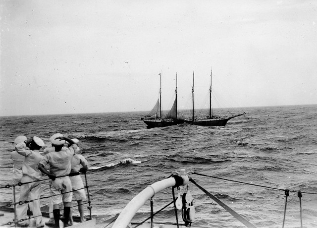 Feb. 9, 1935, HMAS AUSTRALIA [II] assists American broadcast schooner SETH PARKER - NHSA.