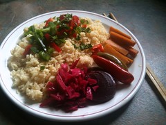 Rice and veg served with mixed pickles