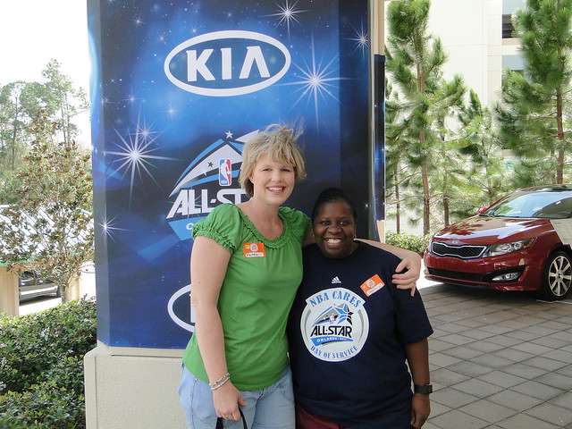 SONC staff member and Jennifer Wardlow outside their hotel-all decked out for the NBA ALL STAR WEEKEND.