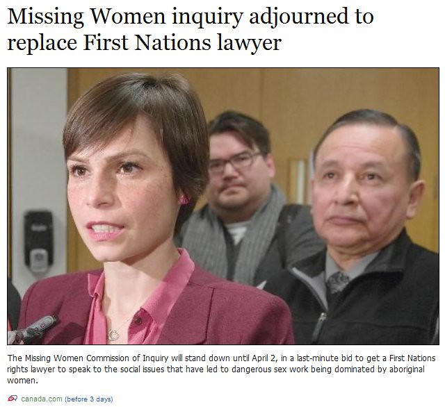 Missing Women inquiry adjourned to replace First Nations lawyer