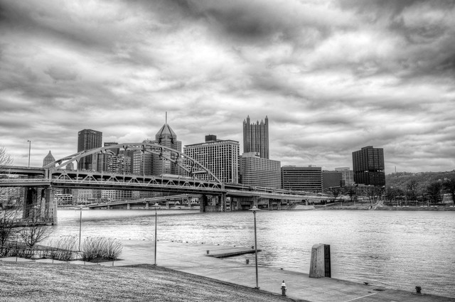 A cloudy Pittsburgh skyline in B&W HDR