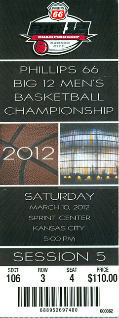 March 10, 2012, Big 12 Mens Basketball Championship, Sprint Center, BAYLOR Bears vs Missouri Tigers, Kansas City - Ticket Stub