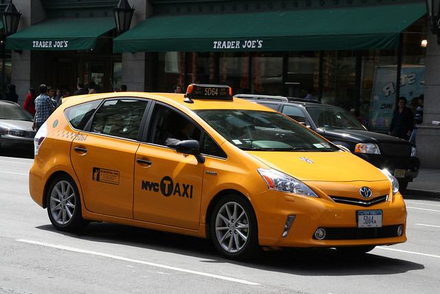 auto street nyc newyork green car automobile driving manhattan cab taxi v prius toyota hybrid eco 2012 taxicab priusv