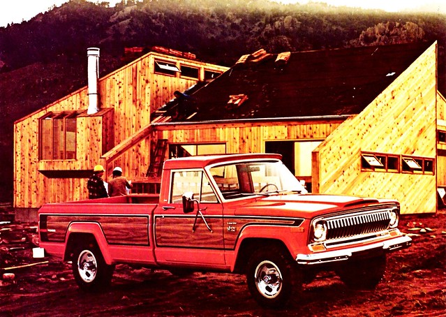 red truck jeep postcard pickup 1975 pioneer j20