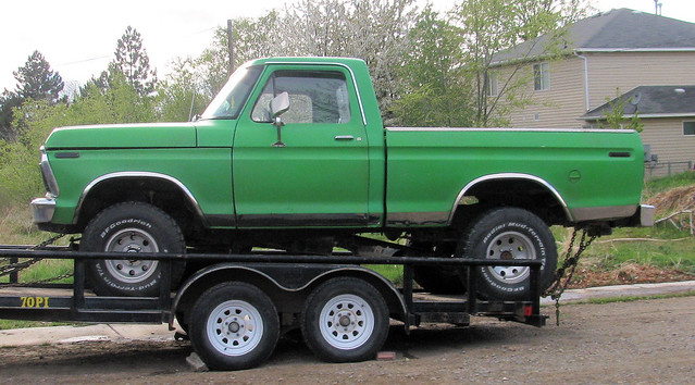 green classic ford truck vintage 1974 4x4 pickup f150 trailer 1970s madeinusa americanmade bfgoodrich shortbed eyellgeteven