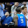 Blue sweater with the great reaction to Blake Griffins dunk over Kendrick Perkins.