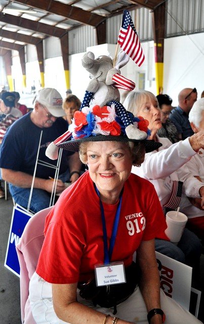 Sue Gibbs Shows Off Her Hat during Rally for Republican Presidential Candidate Rick Santorum, Sarasota, Fla., Jan. 29, 2012