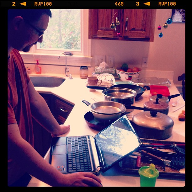 Best husband ever. Inventorying my kitchen stuff to buy me new pots and pans for my birthday.