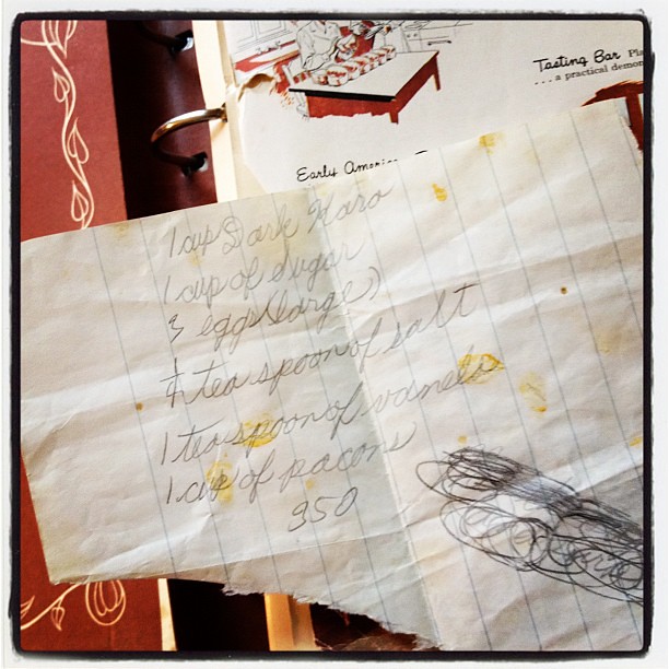 Mawmaws Pecan Pie Filling recipe, found in her cook book - her chicken scratch and this dirty scrap is like a visit with her on a winter day. Shes been gone since 1995.