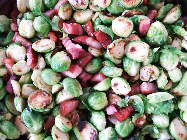 seared brussel sprouts with bacon lardons