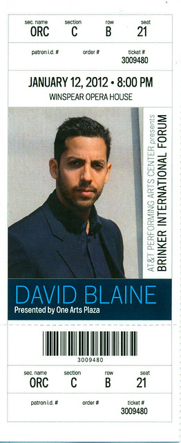 January 12, 2012, DAVID BLAINE, Brinker International Forum, AT&T Performing Arts Center, Dallas, Texas (David Holds Breath Under Water for 12 Minutes While Eating Dinner) - Ticket Stub