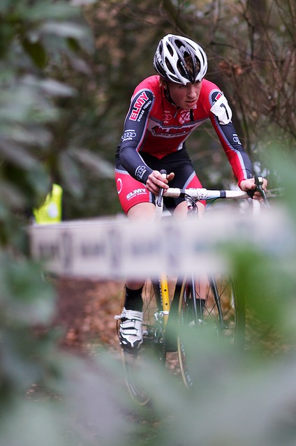 Hugo Robinson leaving the woods on his way to winning the Junior Mens Championship