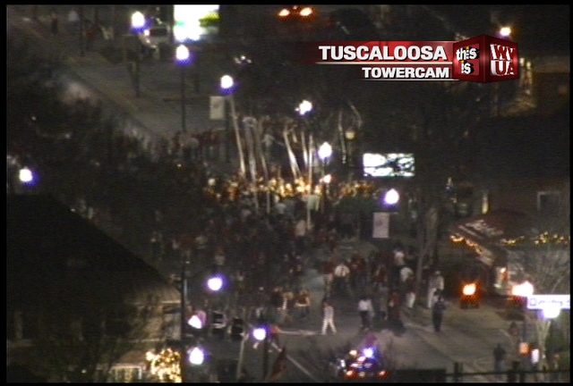 Check out this image taken exclusively from WVUA Tuscaloosa Towercam. We’re looking at the strip on University Boulevard. There are hundreds of people in the street celebrating the 14th National Championship for the ALABAMA CRIMSON TIDE. Roll Tide!