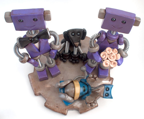 Robot Wedding Cake Topper Lightly Rustic Purple with dog and batcat