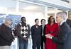 Meeting before the press conference Mayor Rahm Emanuel enjoys a laugh with Sean Parker/CEP Volunteer, Victor Adams/Ladder Up Client, Karen DeGrasse/CEP Volunteer, Christine Chen/Ladder Up, Ald. Leslie Hairston (5th). Behind the Mayor is David Marzahl/CEP.