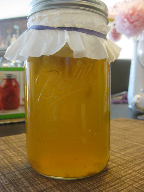The finished batch of Kombucha with green tea