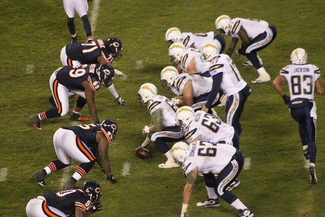 The San Diego Chargers trying to move the ball against the Chicago Bears defense