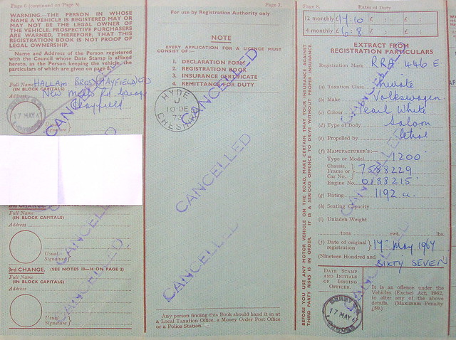 Old car registration document