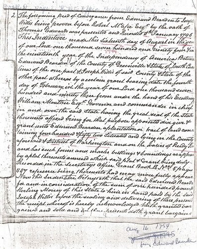 Joseph Willis SC Deed Aug 16, 1794 226 Acres 1 of 2
