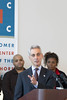 Mayor Emanuel announces a new city ordinance to protect taxpayers from deceptive business practices.  Behind the Mayor are CEP Vol Sean Parker and CEP Client Rhonda Jones.