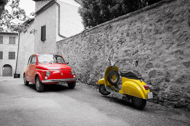street red italy car yellow countryside town spring classiccar europe country may scooter tuscany motorcycle springtime fiat500 2012 monticchiello gbpix classicscene georgebladon wwwgbpixcouk