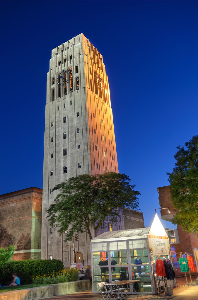 Burton Memorial Tower at dusk