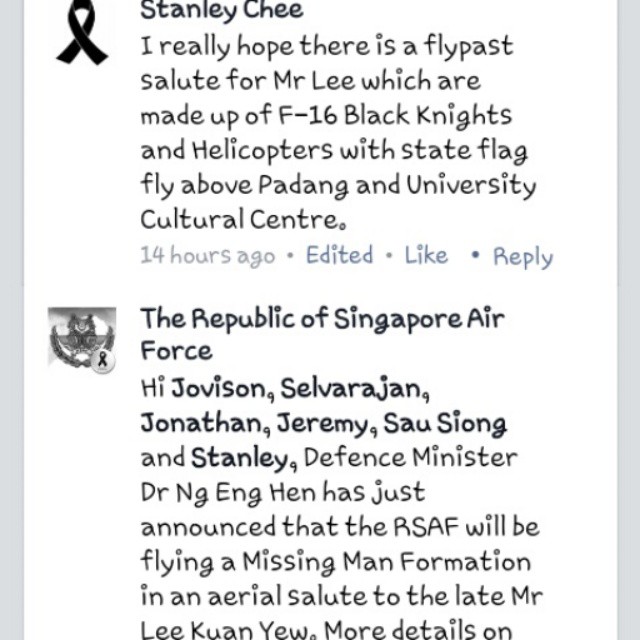 Republic of Singapore Air Force has replied to our Facebook suggestions for this Sunday State Funeral. I have suggested RSAF Black Knights F-16 fighter jets fly past over Padang & NUS Cultural Centre. Defence Minister will announce in Facebook page that t