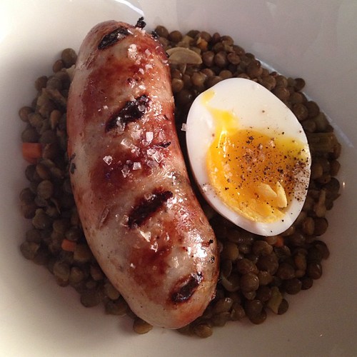 House sausage, egg, and lentils. Lecosho.
