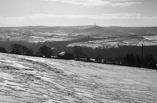 View from near Pecket Well to Heptonstall and Stoodley Pike Monument