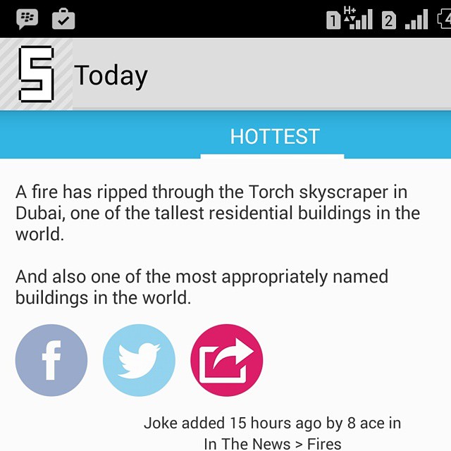 Off #sickipedia   A fire has ripped through the Torch skyscraper in Dubai, one of the tallest residential buildings in the world.     And also one of the most appropriately named buildings in the world.