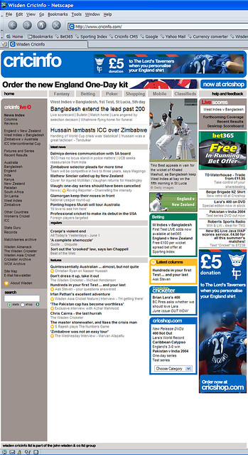 A 2004 Wisden Cricinfo homepage