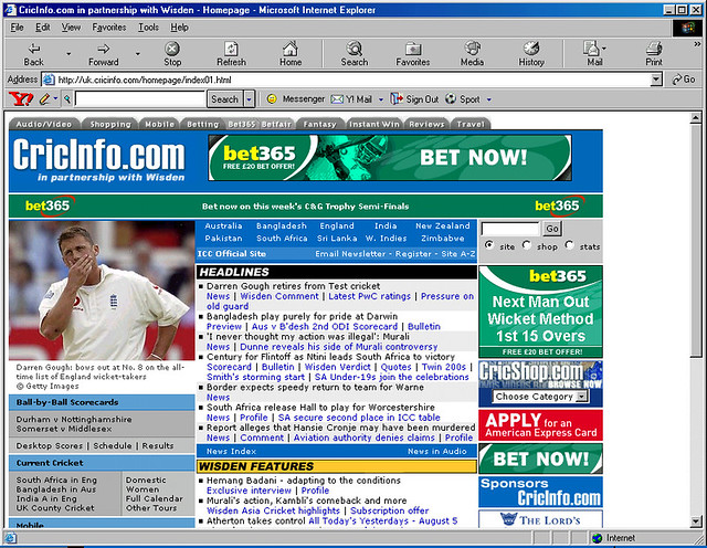 Early bet365 sponsorship on CricInfo.com - Wisden articles added post acquisition