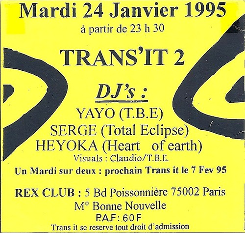 Patrice Heyoka - Flyer 24/01/1995 - "Trans It 2" @ Rex Club (Paris) <a style="margin-left:10px; font-size:0.8em;" href="http://www.flickr.com/photos/110110699@N03/11324802604/" target="_blank">@flickr</a>