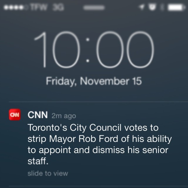 BREAKING: #Toronto City Council strips Mayor Rob Ford of power to appoint/dismiss staff. #politics #Canada #news