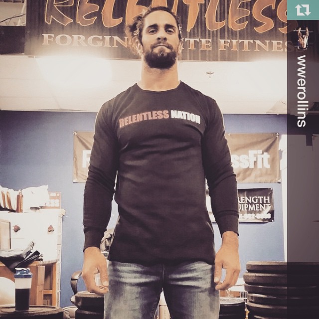 Last night he almost won the #wwe title, today hes testing the fit of #relentlessjeans. Continued success and big things in the near future for @wwerollins !!! #moneyinthebank ______________________________ Repost @wwerollins・・・Put on a pair of @relentl