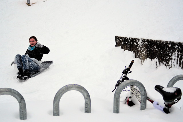 27/01/15 - MedfordSomerville, MA - A student sleds down Presidents Lawn during Winter Storm Juno