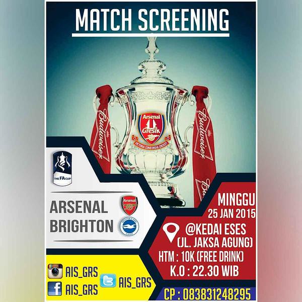 AIS Gresik #AIS @AIS_GRS: MatchScreeningAISGRS FA CUP Brighton vs ARSENAL | Minggu 25/01/15 Start 22.30 WIB HTM 10 K @KedaiESES | We Are AISGRS sW6CqUcrOMR