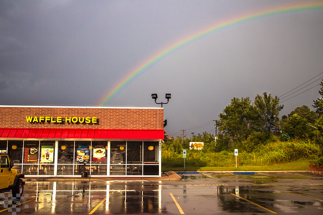 windows red summer sky food storm building rain sign yellow breakfast clouds grey restaurant virginia suffolk rainbow parkinglot funny humorous afternoon cloudy humor barrel july stormy wafflehouse eat luck hungry cracker serendipity waffle jeepwrangler 2013