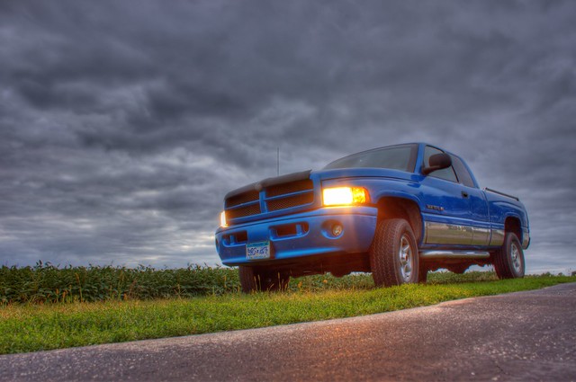 blue field clouds rural truck dusk pov farm pickup headlights grill vehicle dodge crops ram 1500 godmadeafarmer