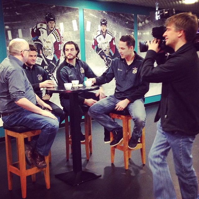 The guys enjoy the coffee & mince pies while shooting the BBC Sport NI Face-Off Christmas special! #comingsoon #belfastgiants